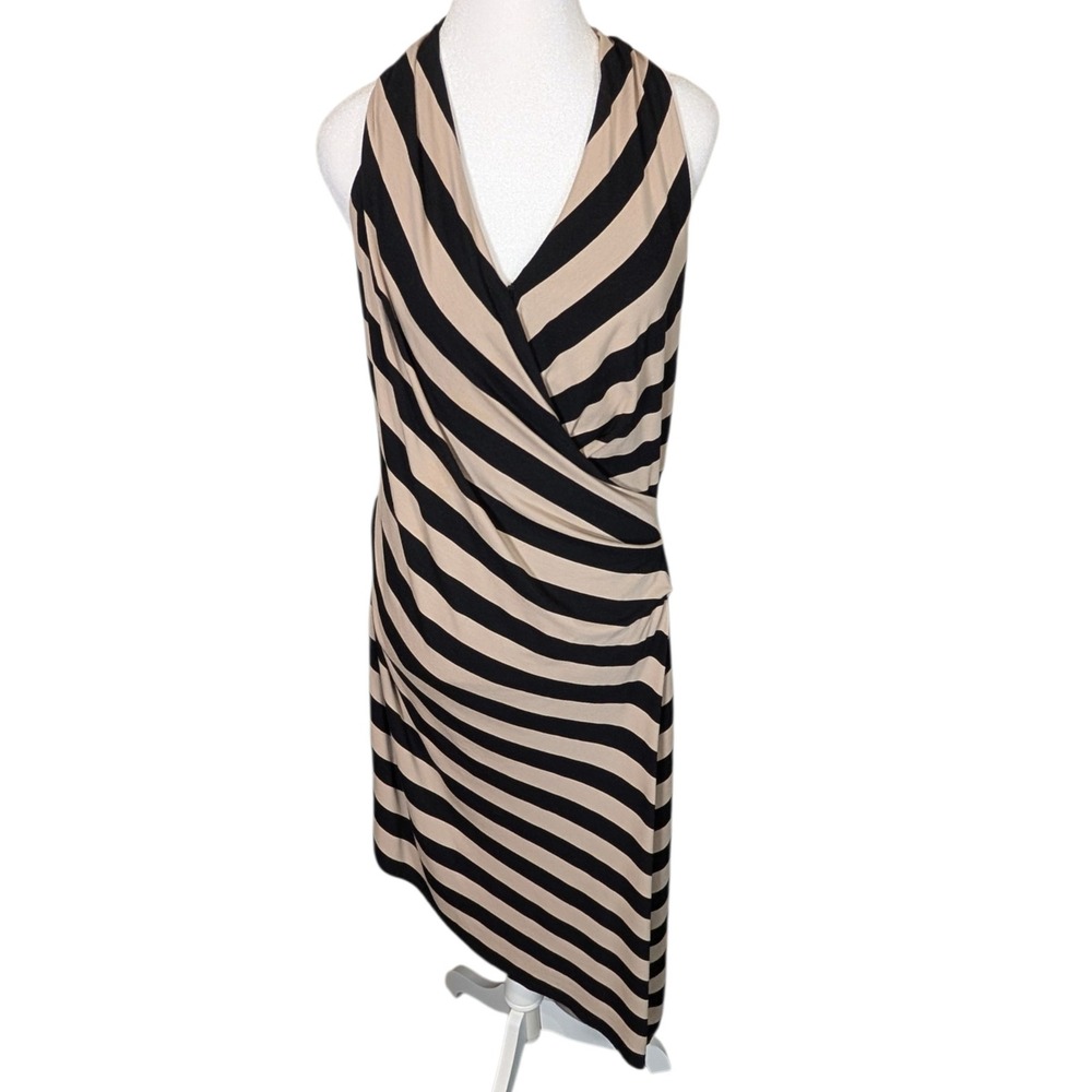 Betsey Johnson Black Tan Striped Ruched Wrap Midi Dress Size 12 Halter Neck